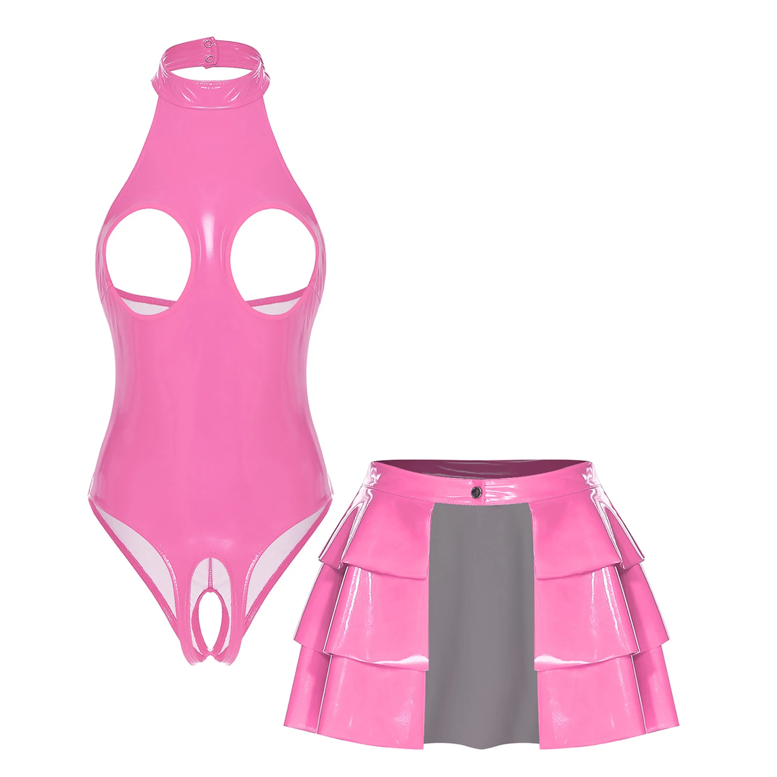 

Glossy PU Leather Pole Dance Set for Women Open Crotch Halter Bodysuit Cutout Backless and Open Front Tiered Ruffled Mini Skirt