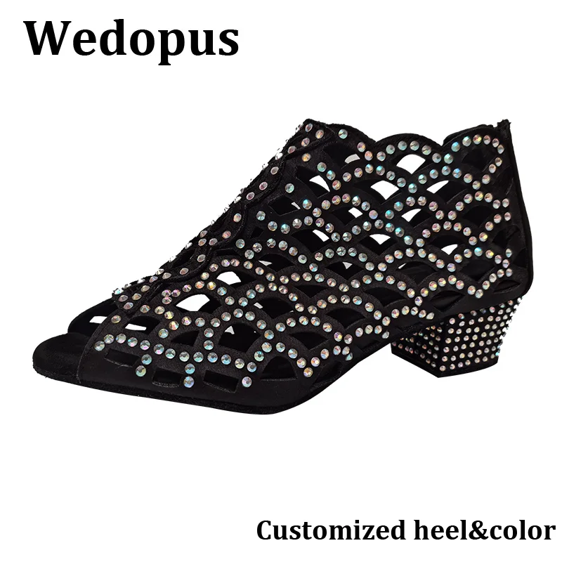 

Wedopus Лидер продаж, женские лазерные черные туфли с бриллиантами для латинских тренировок, тренировочные ботильоны для выступлений на сцене, вечерние танцевальные ботильоны на мягкой подошве