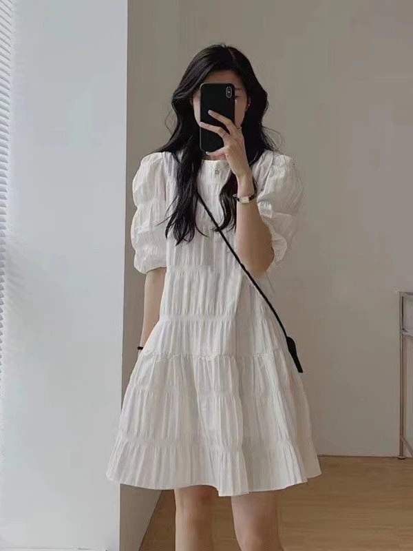 

Fashionable High Waist A-Line Dress with Bubble Sleeves Loose Fit Slimming Design Korean Style Polyester Fiber Short Sleeve