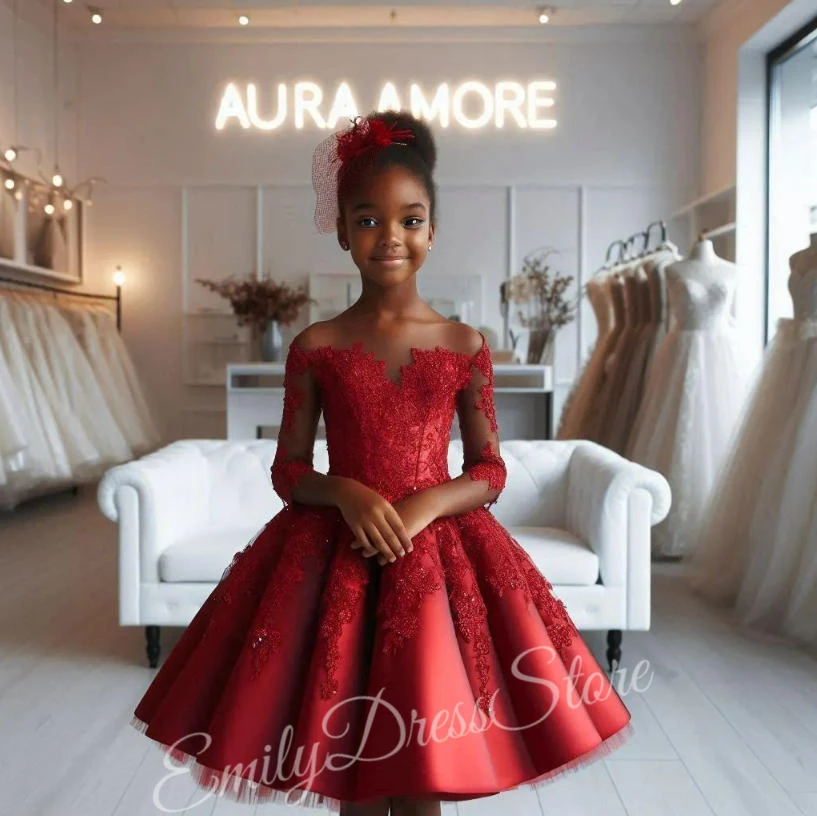 

Customized Red Flower Girl Dress For Wedding Satin Lace Mini Knee Length Kids Baby Birthday Party First Communion Gown