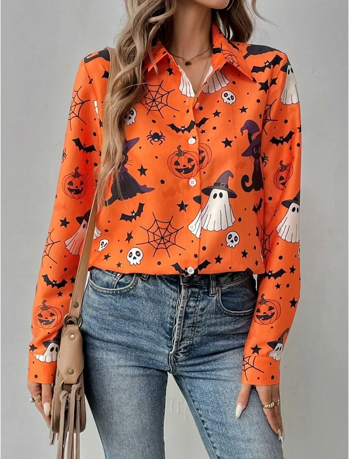 

Cute Casual Halloween Theme Women's Shirt Graphic Pumpkin Ghost Elegant Vintage Tropical Long Sleeve Shirt Collar Regular Tops