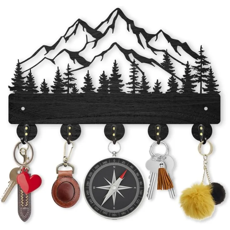 

1pc Mountain Forest Wood Coat Rack Wall Mount 5 Alloy Hooks Key Holder for Wall Home Decor Gift Nature Landscape Key Rack