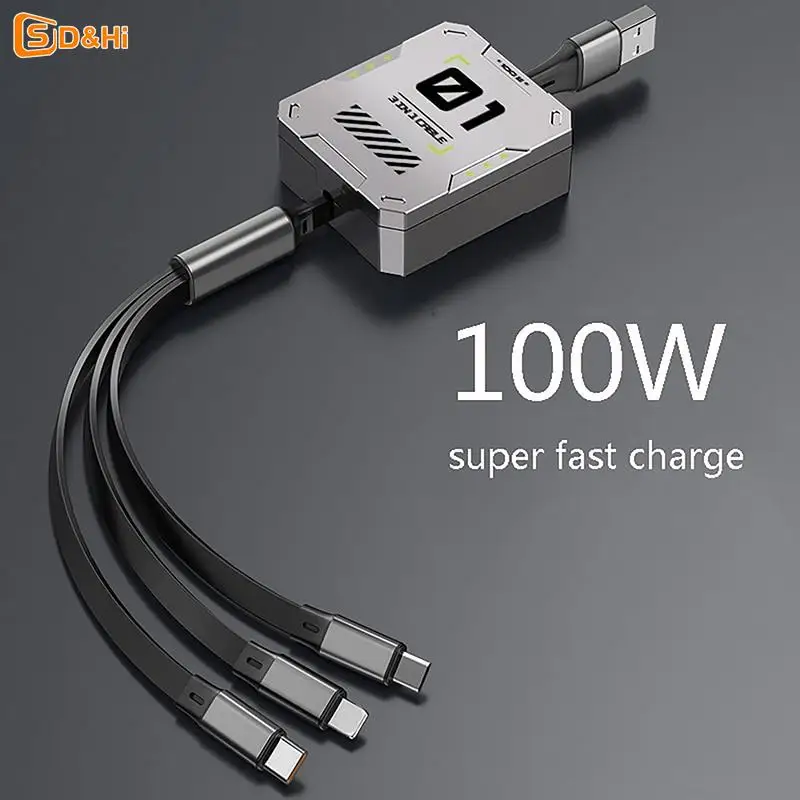 One-To-Three Data Cable Fast Charging High-Quality 66w Three-In-One Telescopic Data Cable Suitable For IOS Android Typec