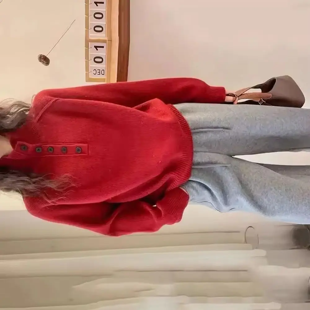 

NewAutumn Winter Women Pullovers Sweater Vintage Long Sleeve Button Stand Knitted Female Clothing Bottoming Shirt Ladies Jumpers