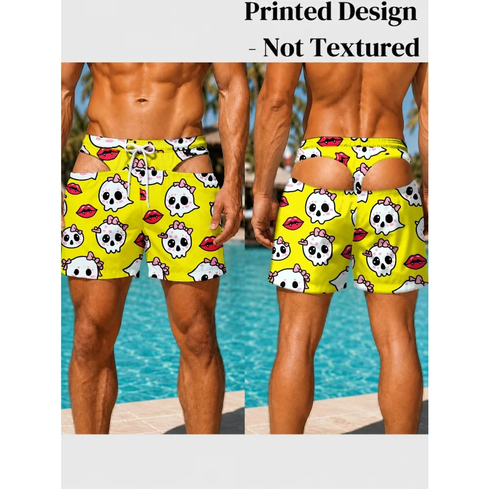Novelty Same Pattern Waist Cute Skull Vampire Lip Fake Butt Cutout Print Mens Vacation Pool Swim Trunks