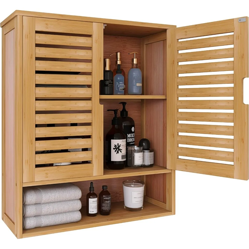 

Bathroom Cabinet Wall Mounted, Bamboo Over-The-Toilet Storage Organizer, Medicine Cabinet with Door and Adjustable Shelves