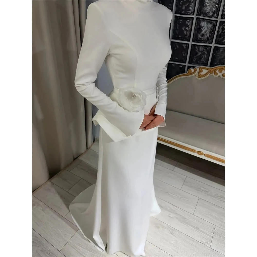 Vestido de noche musulmán elegante de manga larga, cuello alto, plisado, flores, largo hasta el suelo, vestido de graduación, vestidos de fiesta formales personalizados