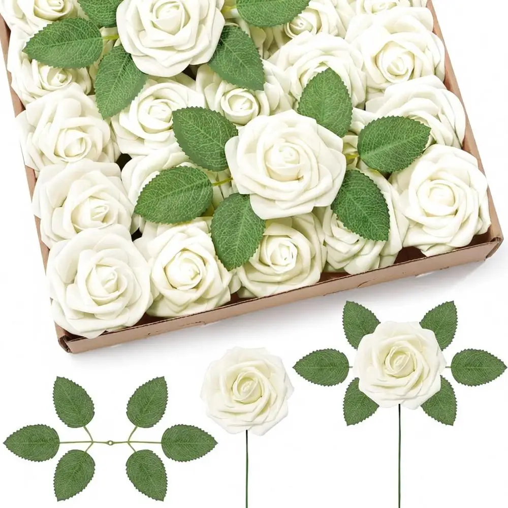 

25 Ivory Foam Real-Looking Artificial Roses with Stems for Weddings, DIY Bouquets, and Valentine's Day Decor