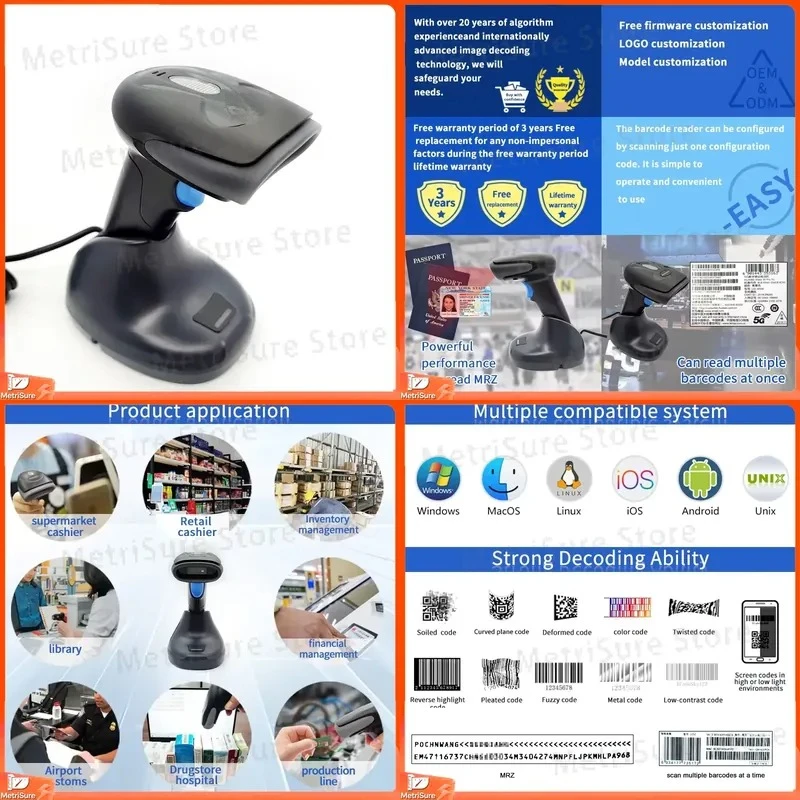 Passport ID Scanner 2D Barcode Reader USB Wireless Handheld Scanner for Document Verification Travel Security Office
