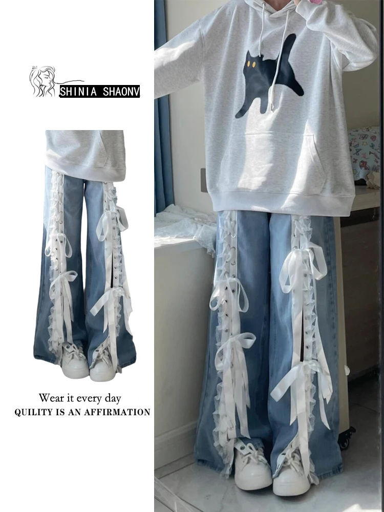 

Womens Blue Vintage Suspender Jeans Fashion Pocket Baggy Wide Leg Pants Streetwear Casual Straight Denim Trouser Ladies Summer