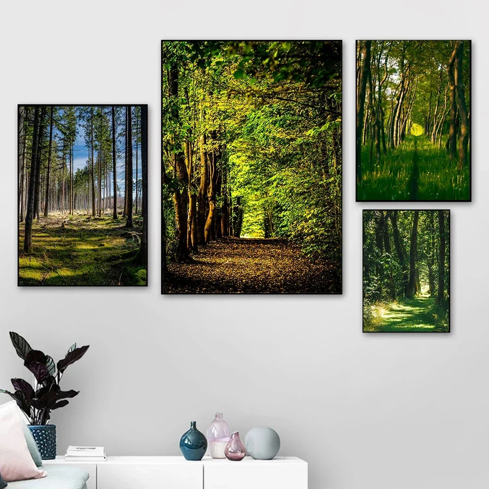 Natural Landscape Sunshine In The Forest Canvas Painting Green Tree Plant Posters Wall Art Prints Home Decor Frameless Painting