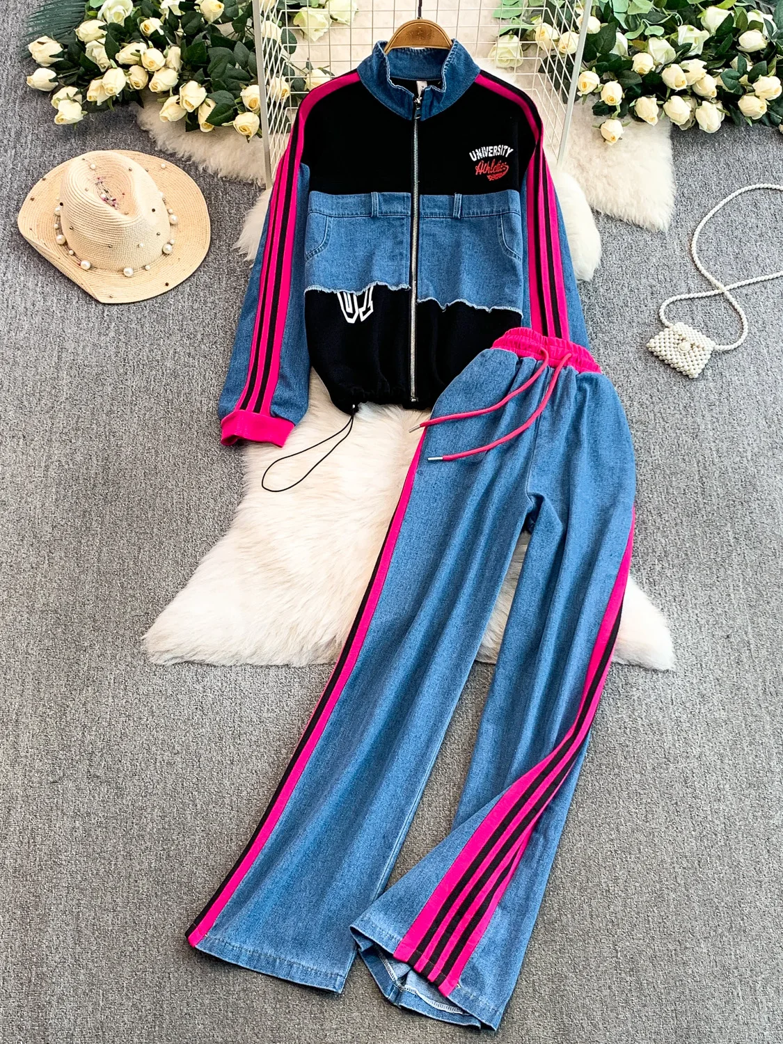 

Retro Patchwork Color Letter Embroidery Denim Zipper Jaet Women Loose Slimming Wide Leg Pants Two-Piece Set Casual Faion