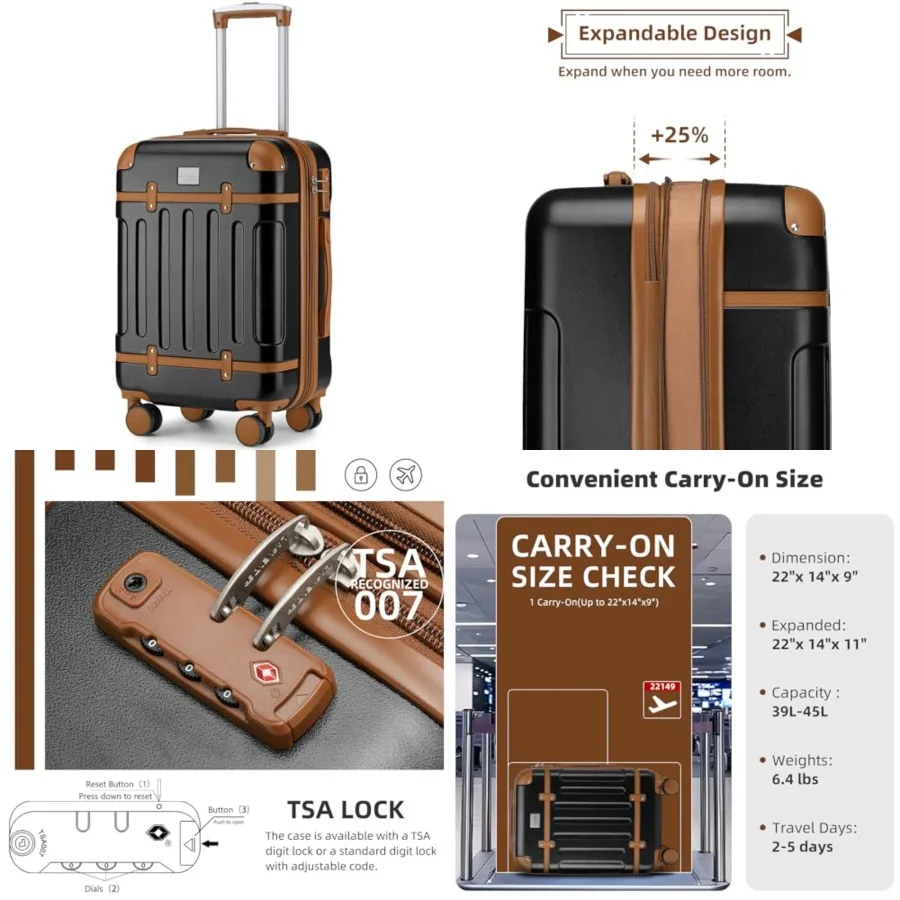 

Carry On Luggage 22x14x9 Airline Approved with Spinner Wheels, Expandable 20 Inch Luggage with TSA Lock, Hard Shell Carry On Su