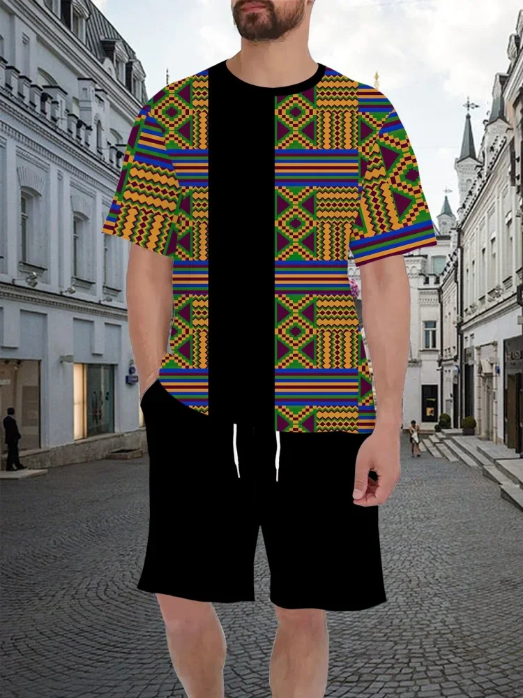 

African Ethnic Style Men Suits 3D Print T-Shirts Shorts 2-Piece Sets Casual Tracksuits Streetwear Oversized Outfits Man Clothing