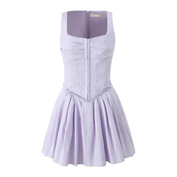 YENKYE Elegant Women Purple Hem Pleated Tank Mini Dress Sexy Sleeveless Square Neck Female Summer Dress Low Waist Robe Beautiful