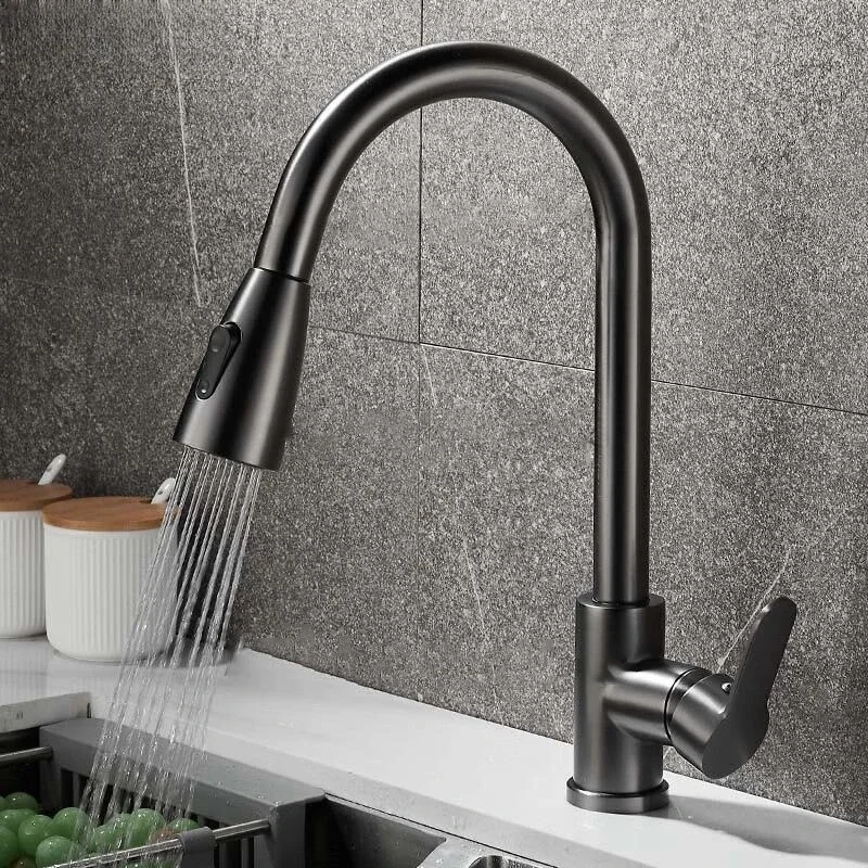 Stainless steel kitchen faucet single hole pull out spout kitchen sink mixer faucet flow spray head 360 swivel cleaning faucet