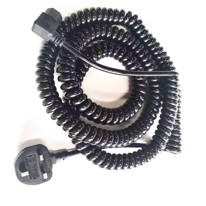 Black 13A BS IEC SJTW UK 3pin Plug to Right Angle C13 Spring Spiral Power Cord for Computer