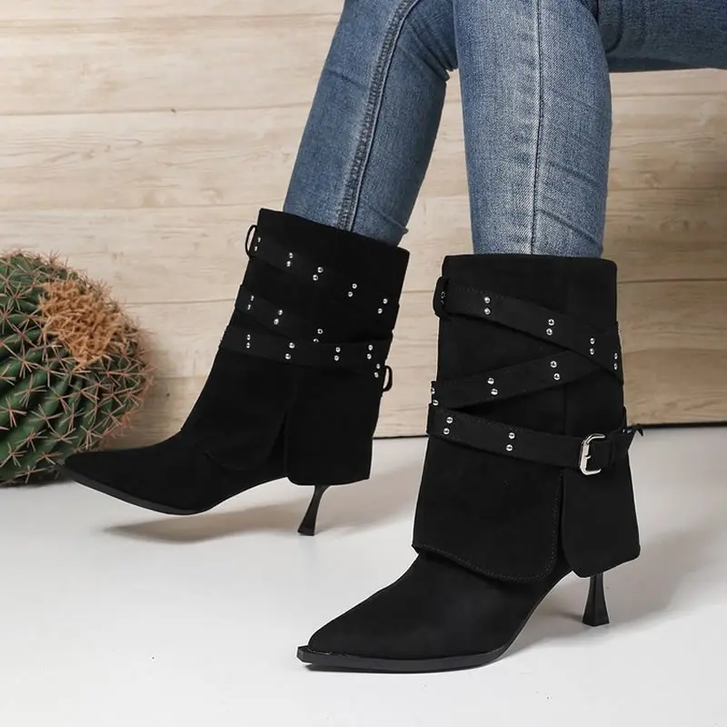 

Fall New Slim Heel Single Boots Women's Fashion Pointed Toe Suede Studded Sleeve Non-Slip Mid-Leg Boots