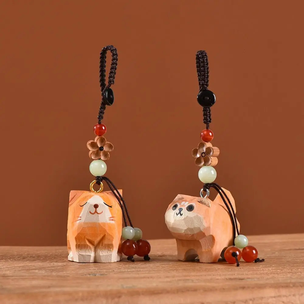 Funny Flower Wooden Carved Cat Keychain Siberian Husky Weave Rope Car Keyring Kawaii Beads Corgi Dog Dolls Students