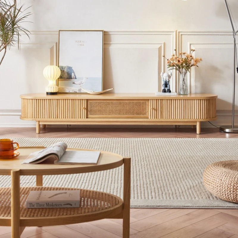 

Retro TV Cabinet Ash Wood Household Small Apartment Japanese Style Living Room Solid Wood Rolling Shutter Audio-visual Cabinet