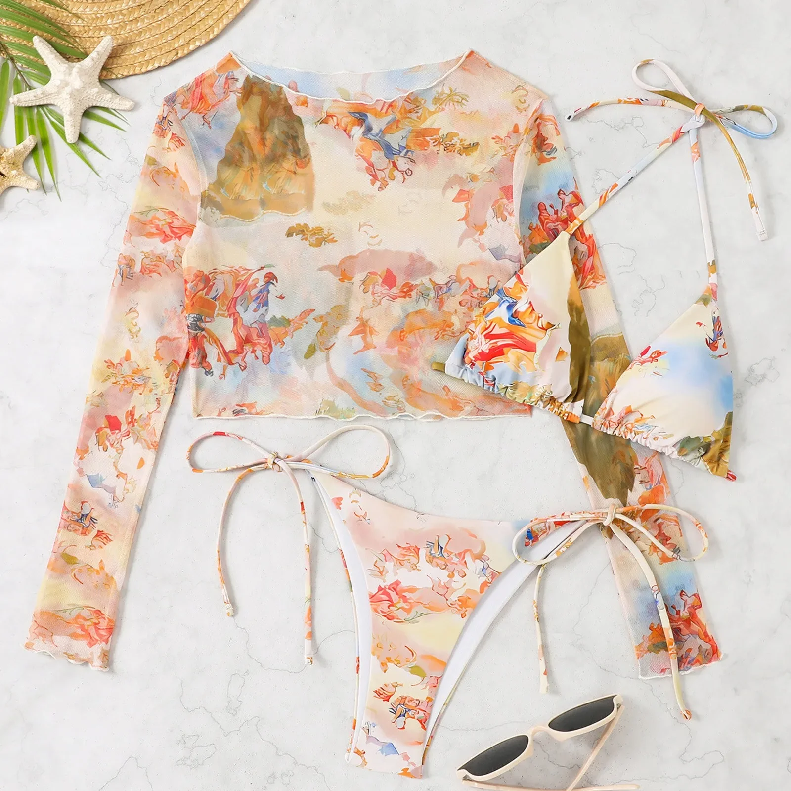 Nowy Europejsko-Amerykański Model Bikini Zestaw Długi Rękaw Falbanka Okrągły Dekolt Tiul Prześwitujący Strój Kąpielowy Sznurek Ściągający Niska Talia Kostium Kąpielowy