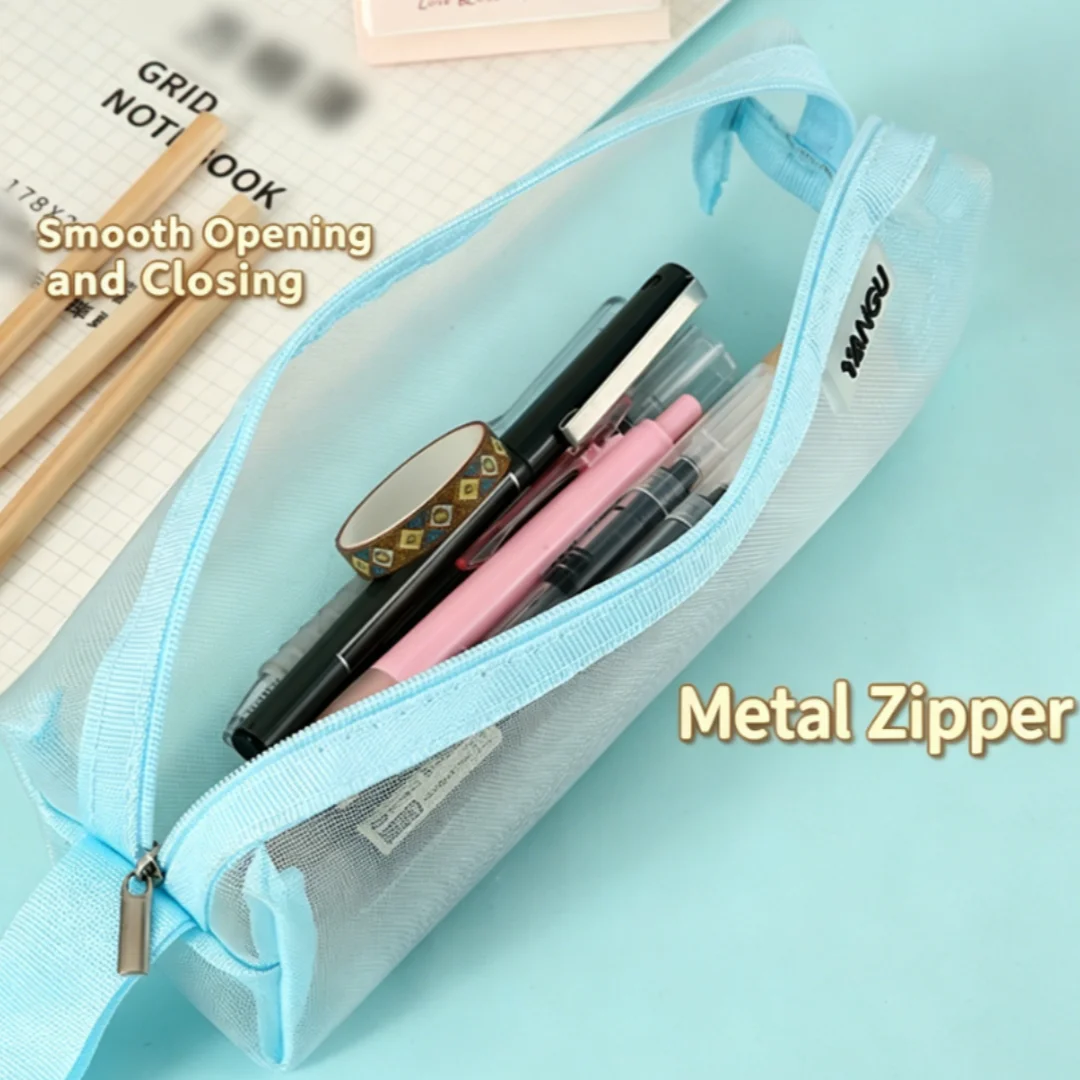 Simple Transparent Octagonal Mesh Pencil Case Zipper Design Lightweight Portable Lead Holder Cosmetic Bag Stationery Storage