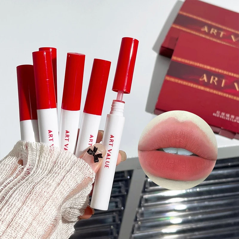Kit de lápiz labial líquido mate, taza antiadherente, brillo de labios resistente al agua, Cosméticos coreanos de larga duración para mujeres, conjuntos de cajas de lápiz labial rojo Sexy