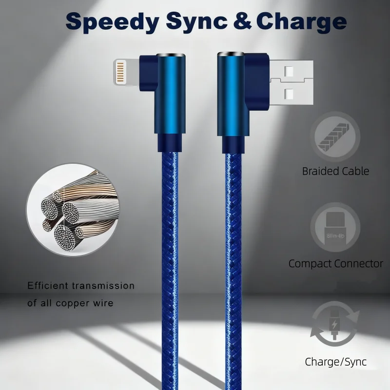 90 Degree Cable Charger Data Lightning Cable With MFi Certified Nylon Braided Fast Charging Wire For iPhone 14 13 12 11 X XR Pro
