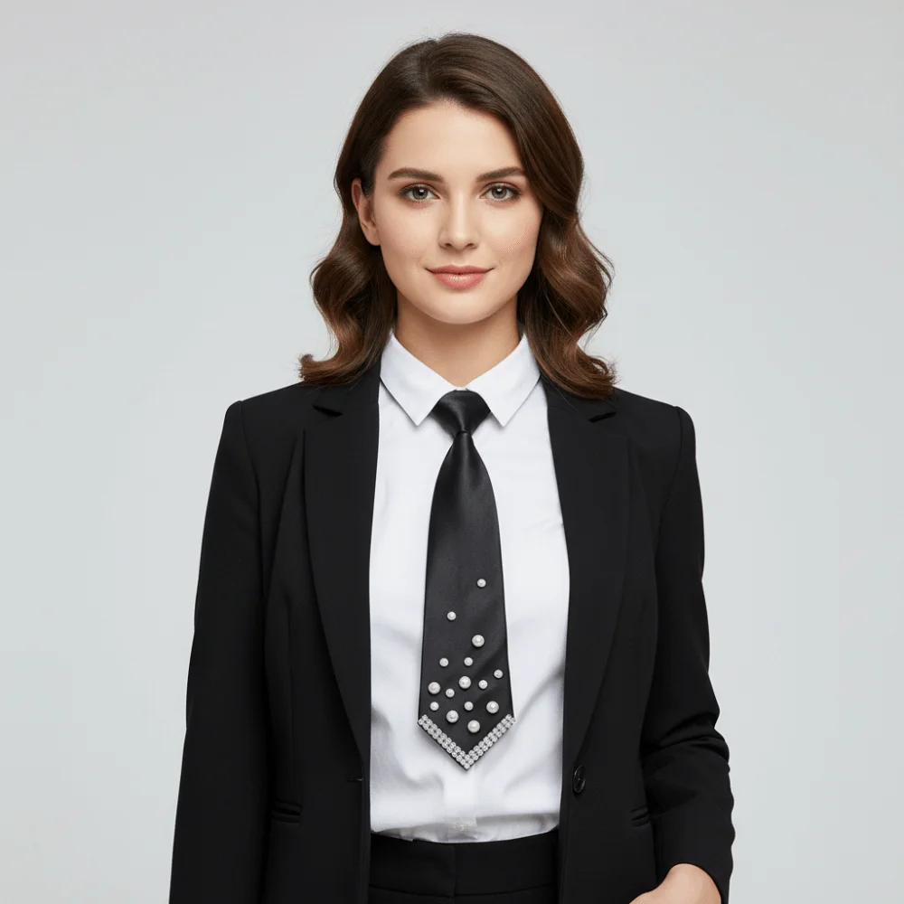 Rhinestone Pearls Tie Black Academic Style Hand-beaded Long Necktie Korean Style Geometric Decoration Shirt Tie