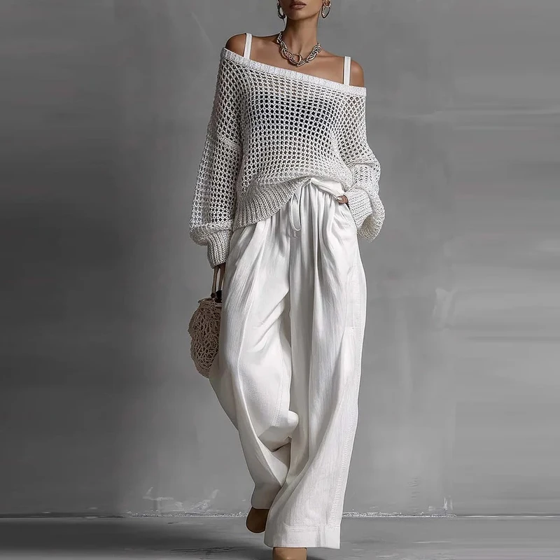 

Casual Loose Knitted 2pc Set 2026 Spring Summer Hollow-out Beachwear Suit Women Sexy Off Shoulder Sweater & Lace-up Pants Outfit