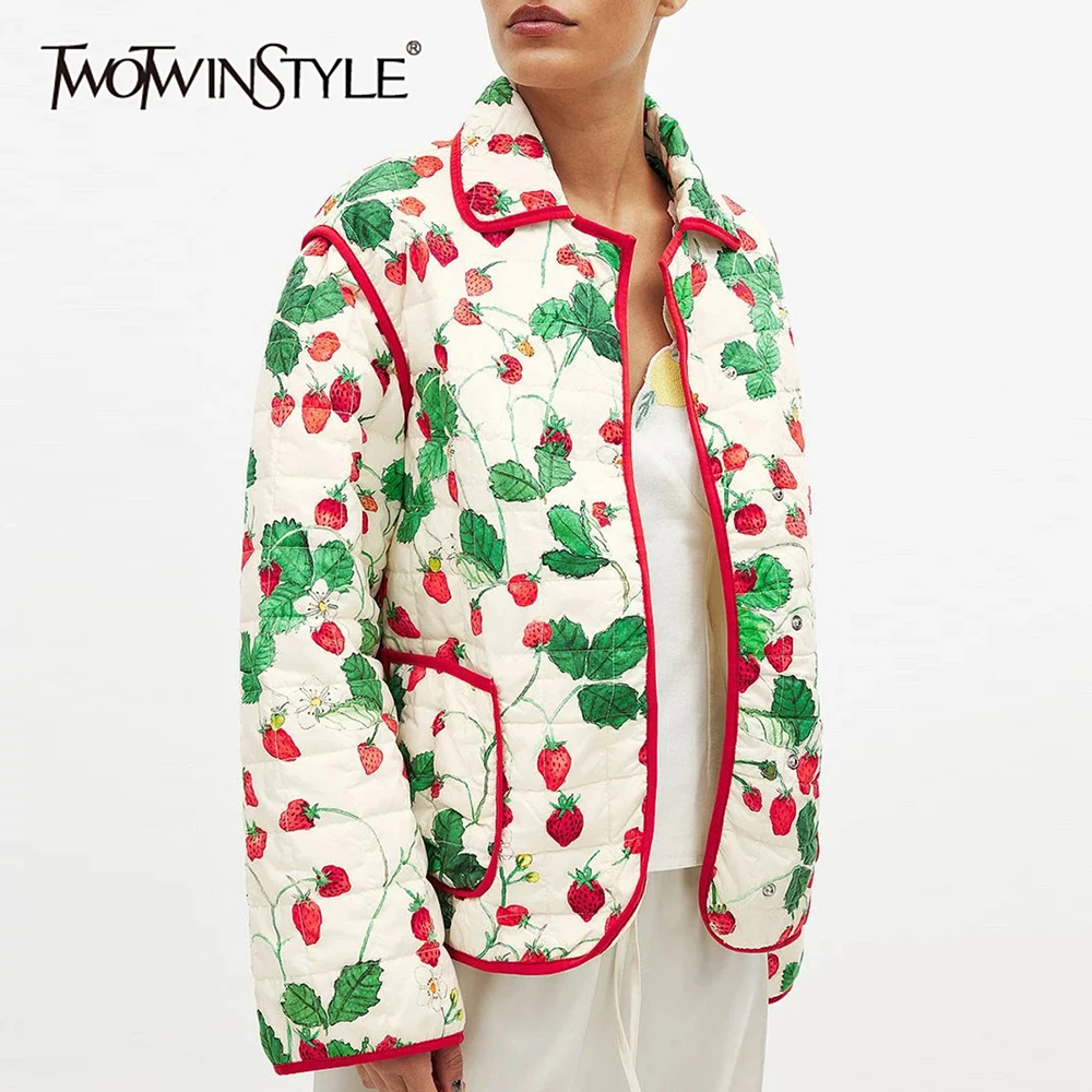 

TWOTWINSTYLE повседневная модная женская куртка с лацканами и длинными рукавами, свободные стеганые пальто с карманами и принтом, женские зимние