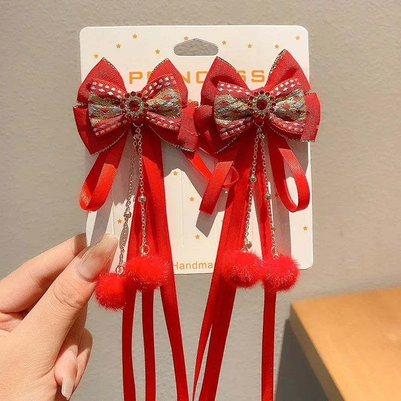 

Red Children's Bow Hairpin Girl's New Year Headwear Chinese Style Hanfu Accessories Hair Clip Hairpin Headwear