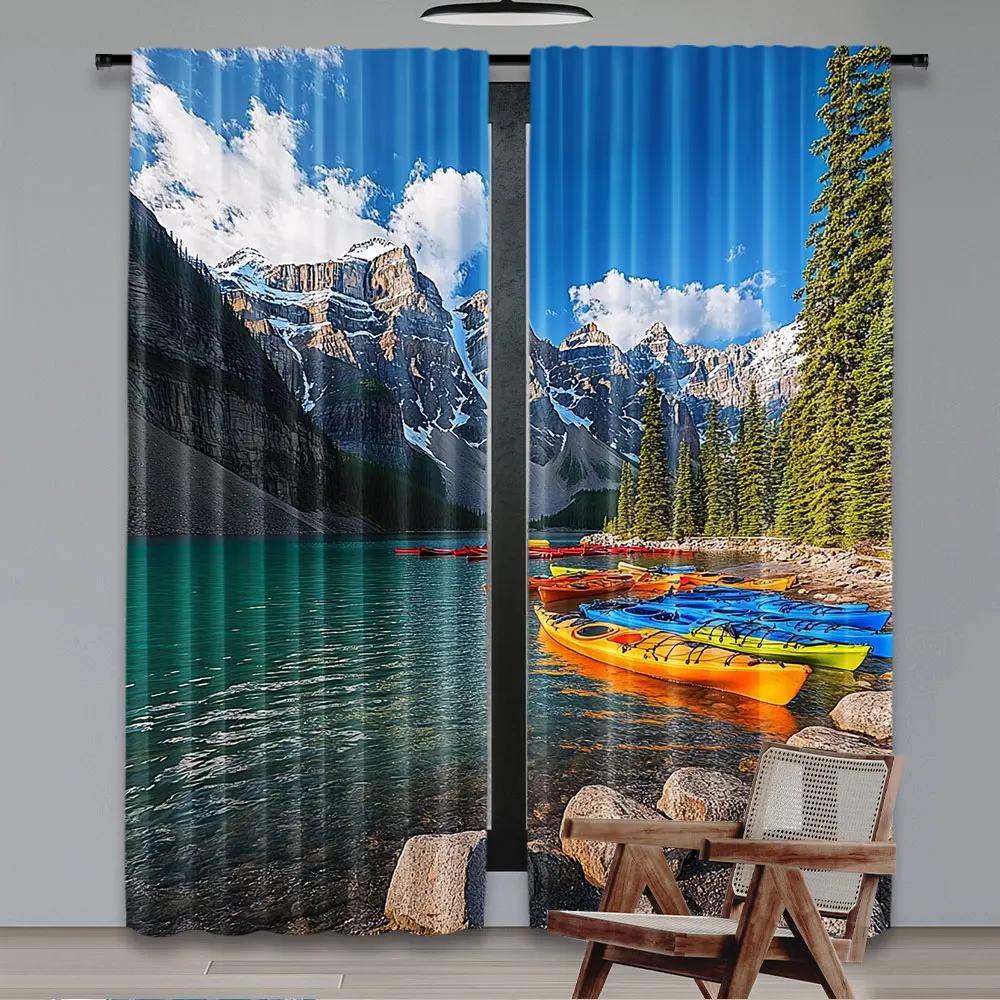 2Pcs Mountain Curain National Park Moraine Lake Rocky Mountain Pine Trees Forest Nature Camping For Living Room Bedroom A