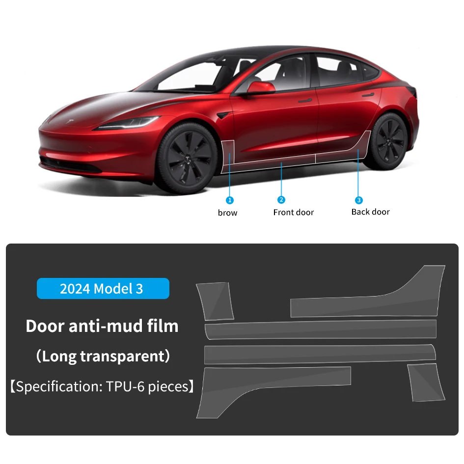 

for Tesla 2024-25 Model 3 Car Door Long door TPU Transparent Refit Sticker Paint Door film Anti mud film (long transparent)