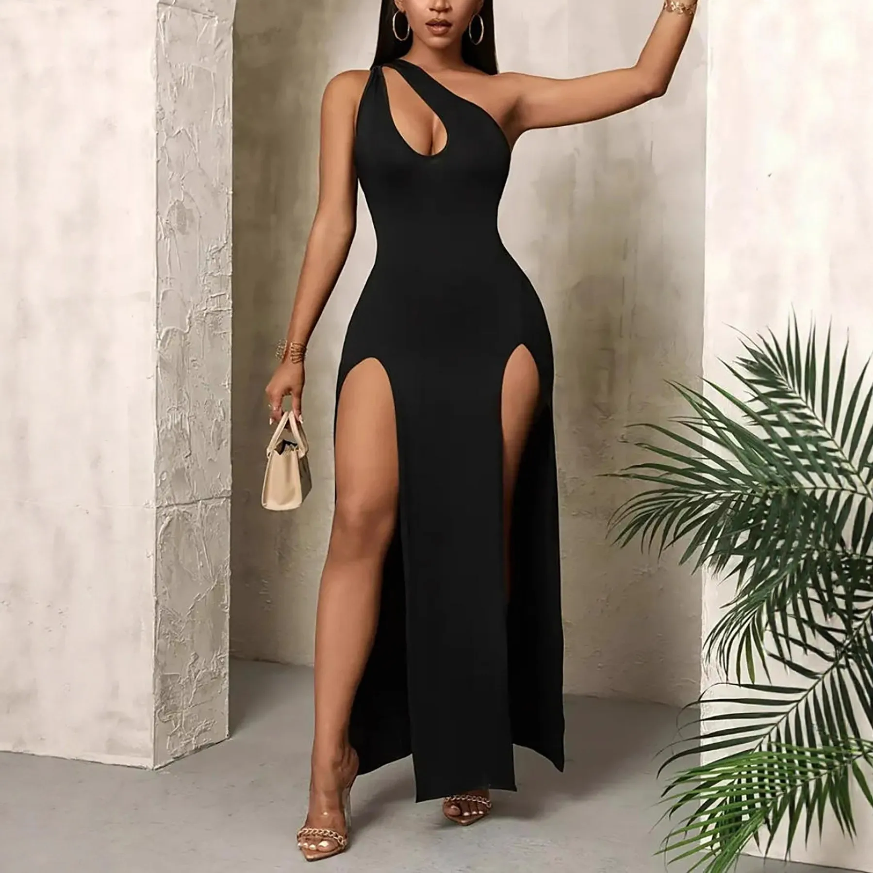 Women's Off Shoulder Long Slit Sleeveless Solid Color Stretch Polyester Midi Waist Dress for Wedding Guest Summer Party Prom
