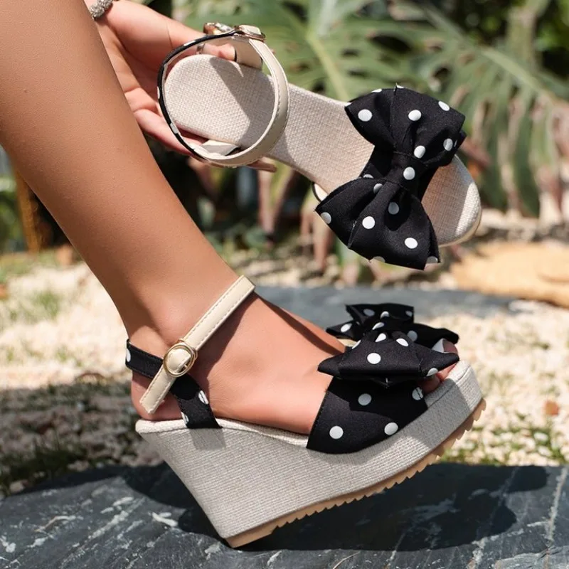 Women's High Heel Platform Wedges Sandals Featuring Open Toe Design and Buckle Strap Bow Accent for Casual Summer Daily Walking