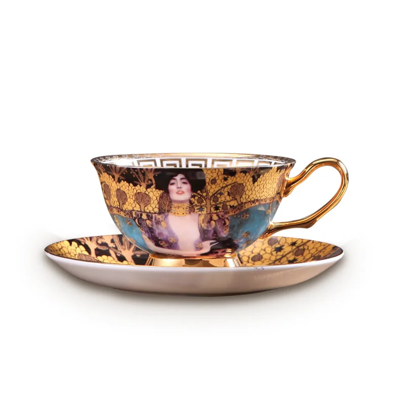 Coffee Cup And Saucer Set Klimt Judith Vintage Bone China Cafe Cup Gustav Klimt Porcelain Tea cups with Spoon Drinkware Coffeewa