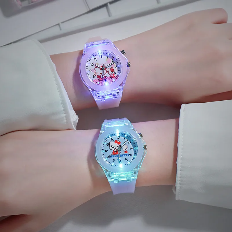 Hello Kitty Relógios para Crianças, Cor Fonte de Luz, Silicone Strap, Relógio Infantil com Caixa, Presente para Meninas