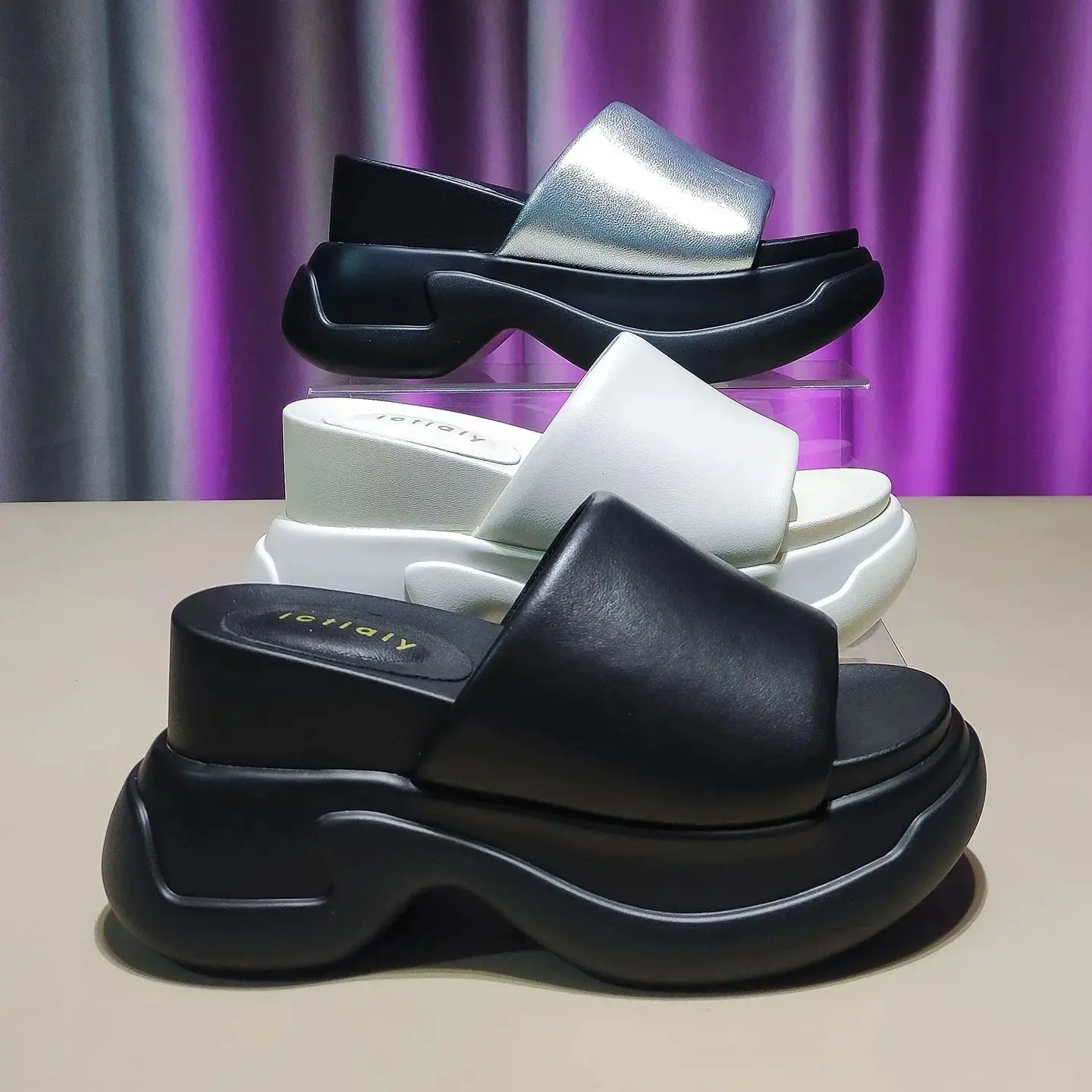 

10CM Women Luxury Slippers Outdoor Slides Summer Casual Shoes High Heels Platform Real Leather Holiday Fashion Height Increase