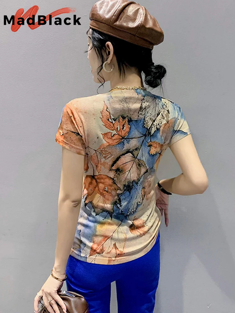 MadBlack Summer European Clothes T-Shirt Fashion Print Cartoon Leaves Women Tops Short Sleeve Street Casual Tees 2022 New T26405