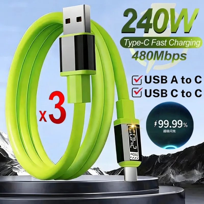 3PCS 240W USB Cable Mobile Phone Fast Charge Type-C Cable Qu