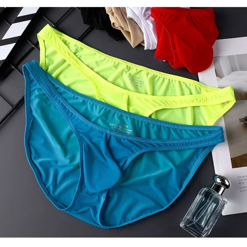 Men's Briefs Ice Silk Quick-Drying Underwear Low-Rise Sexy U Convex Pouch Panties Ultra-Thin See Through Lingerie Bikini