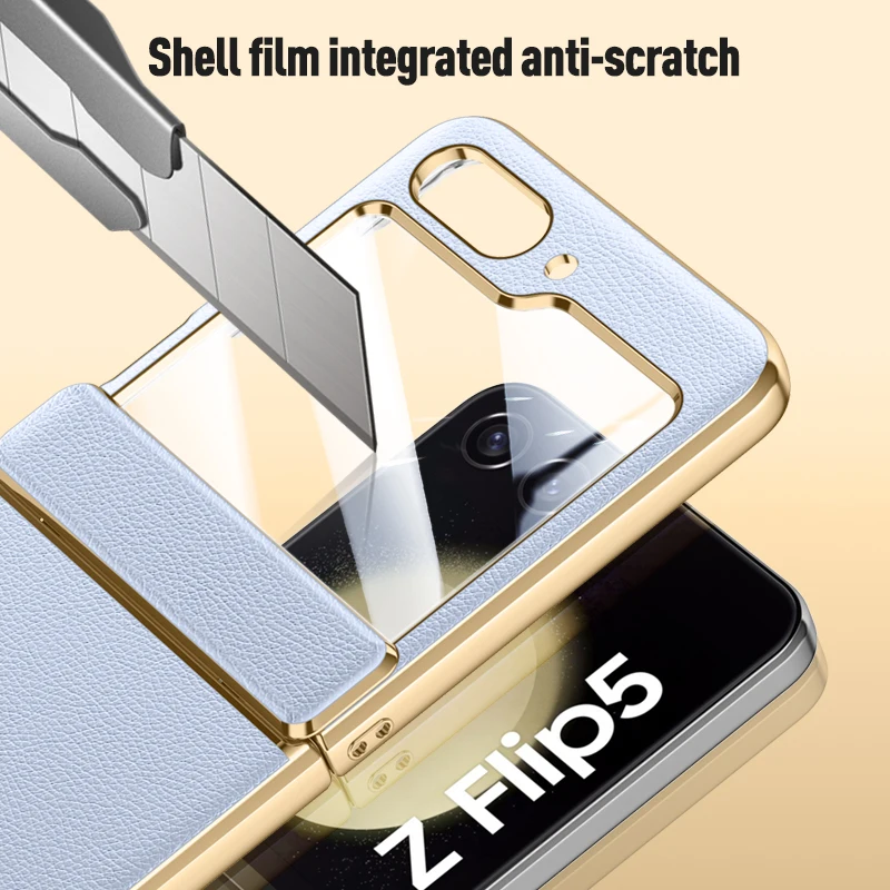 For Samsung Galaxy Z Flip 5 Case Electroplated Skin Friendly Leather Folding Hinge With Tempered Film Shockproof Protection Case