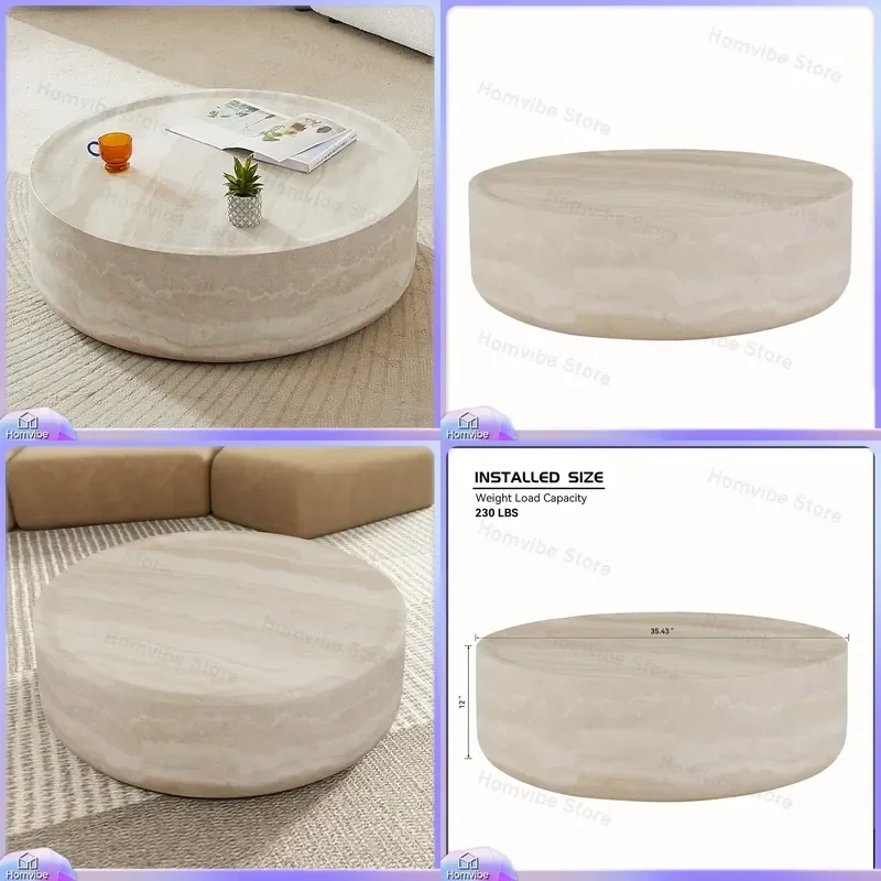 Modern Round Coffee Table with Storage for Living Room Marble Look Limestone Design No Assembly Needed Small Space Friendly