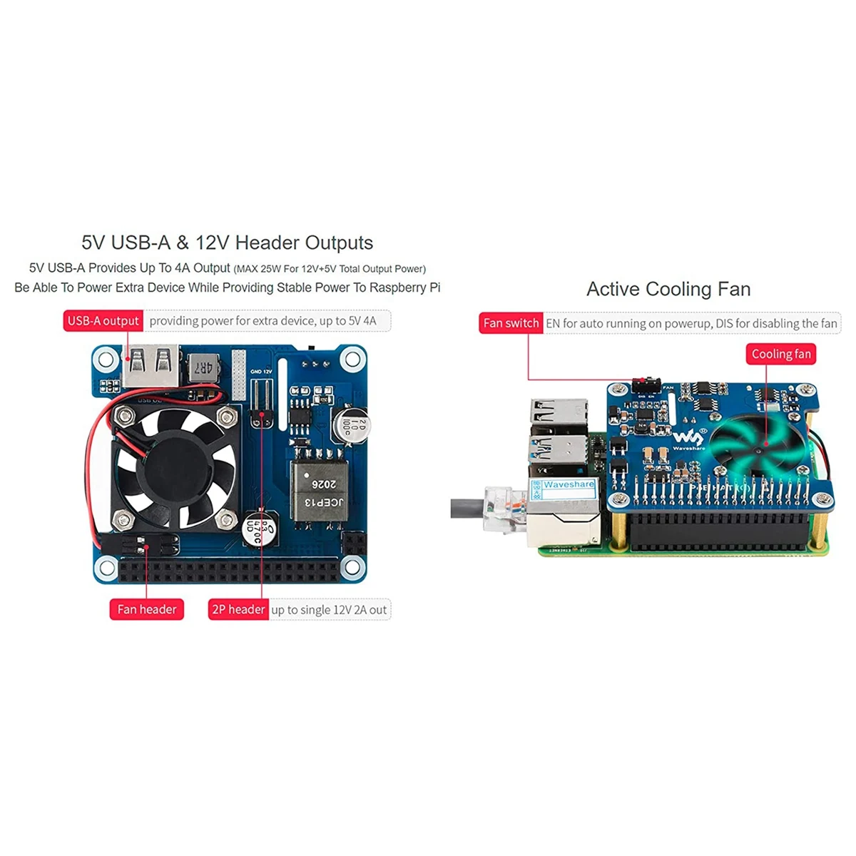 Waveshare POE HAT (C) for Raspberry Pi 4B/3B+, Power Over Ethernet HAT, Support IEEE 802.3Af/At-Compliant Network