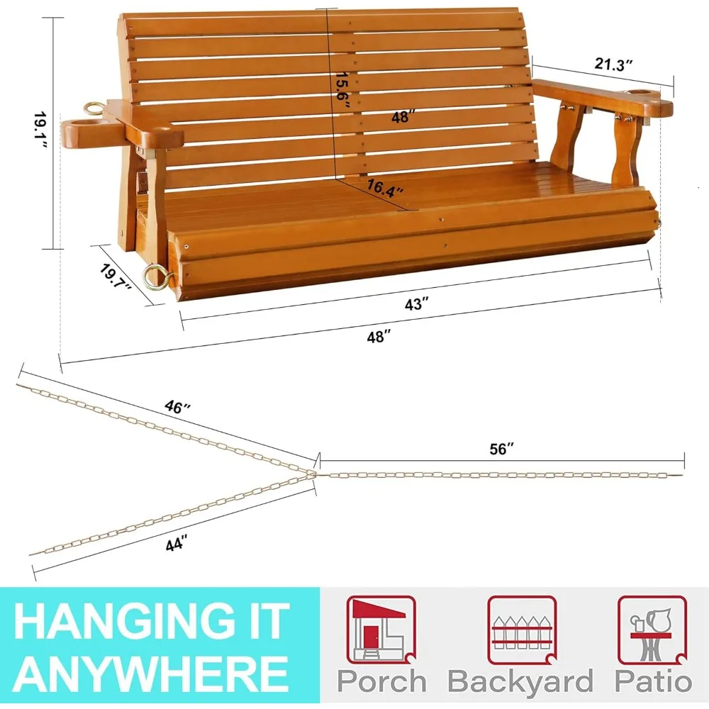 4FT Wooden Porch Swing w/Cupholders,Heavy Duty 800LBS Outdoor Swing Bench w/Chains,Patio Roll Back Swing Chair Bench