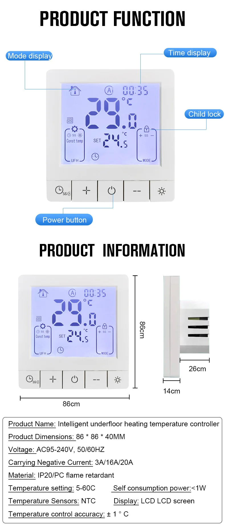 AC95 ~ 240V Smart Tuya WiFi Elektrischer 30A Fußbodenheizungsthermostat Temperaturregler mit externer Sensorsonde – Detail 7
