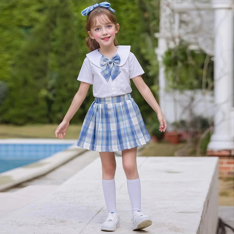 Kid Girl Clothes Bow Blouse Top+Skirt 2Pcs Girl Suit Plaid Dress Student Uniform School Two-Piece Baby Set Children Outfit A1218
