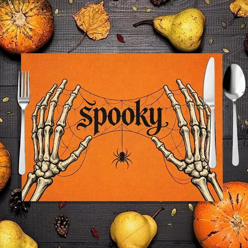 VIKAMA 2/4/6pcs Halloween Placemats, Pumpkin Bat Skeleton Hand Spider Boo Letter Table Mat, Spooky Home Decoration