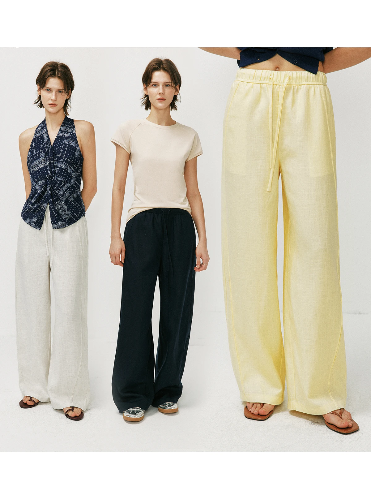 Casual Pleated Trousers Lenzing Lyocell Linen Twill Knife  Pants Elastic Waist Corduroy 3D Tailoring Breathable Women's J...